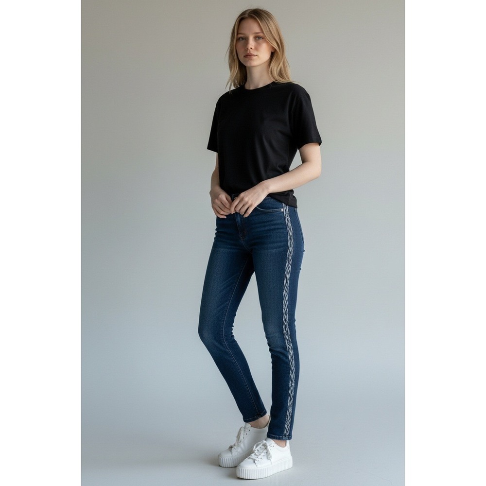 DG2 Diane Gilman Virtual Stretch Skinny Jeans Dark Indigo Chevron Stripe Size 12